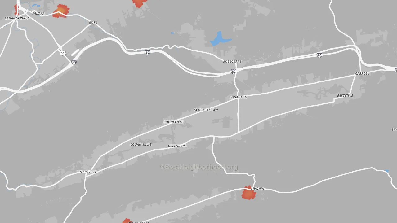 Walk Grade map of Loganton, PA, walkable areas in green and car-dependent areas in red