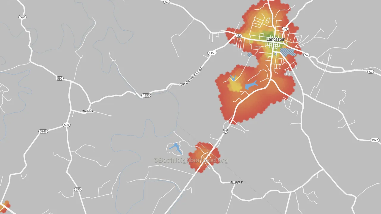 Walk Grade map of Logantown, KY, walkable areas in green and car-dependent areas in red