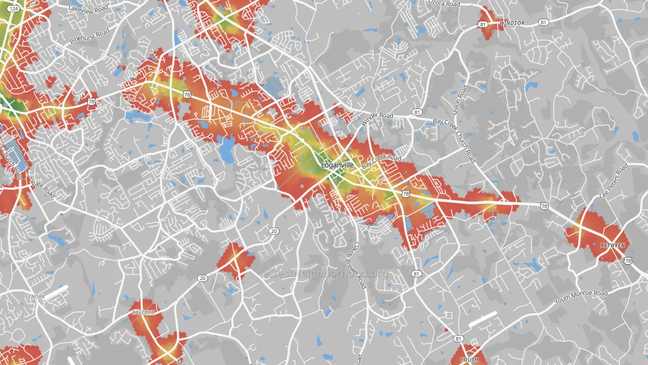 Walk Grade map of Loganville, GA, walkable areas in green and car-dependent areas in red