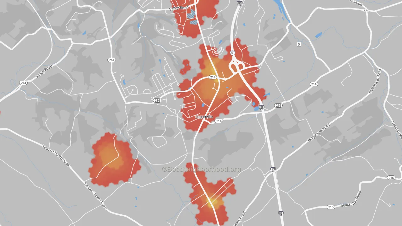 Walk Grade map of Loganville, PA, walkable areas in green and car-dependent areas in red