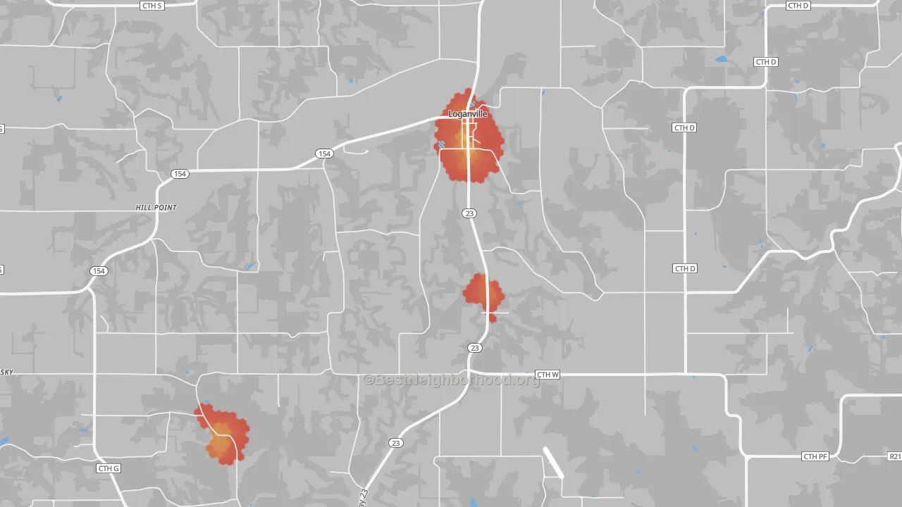 Walk Grade map of Loganville, WI, walkable areas in green and car-dependent areas in red
