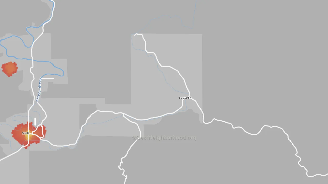 Walk Grade map of Logsden, OR, walkable areas in green and car-dependent areas in red