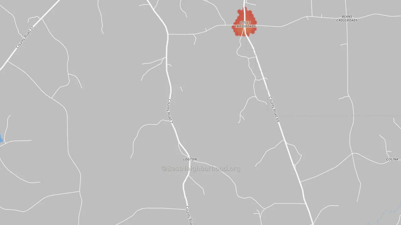 Walk Grade map of Logton, AL, walkable areas in green and car-dependent areas in red