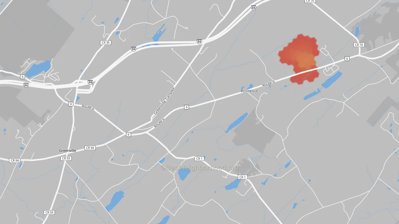 Walk Grade map of Logtown, NY, walkable areas in green and car-dependent areas in red