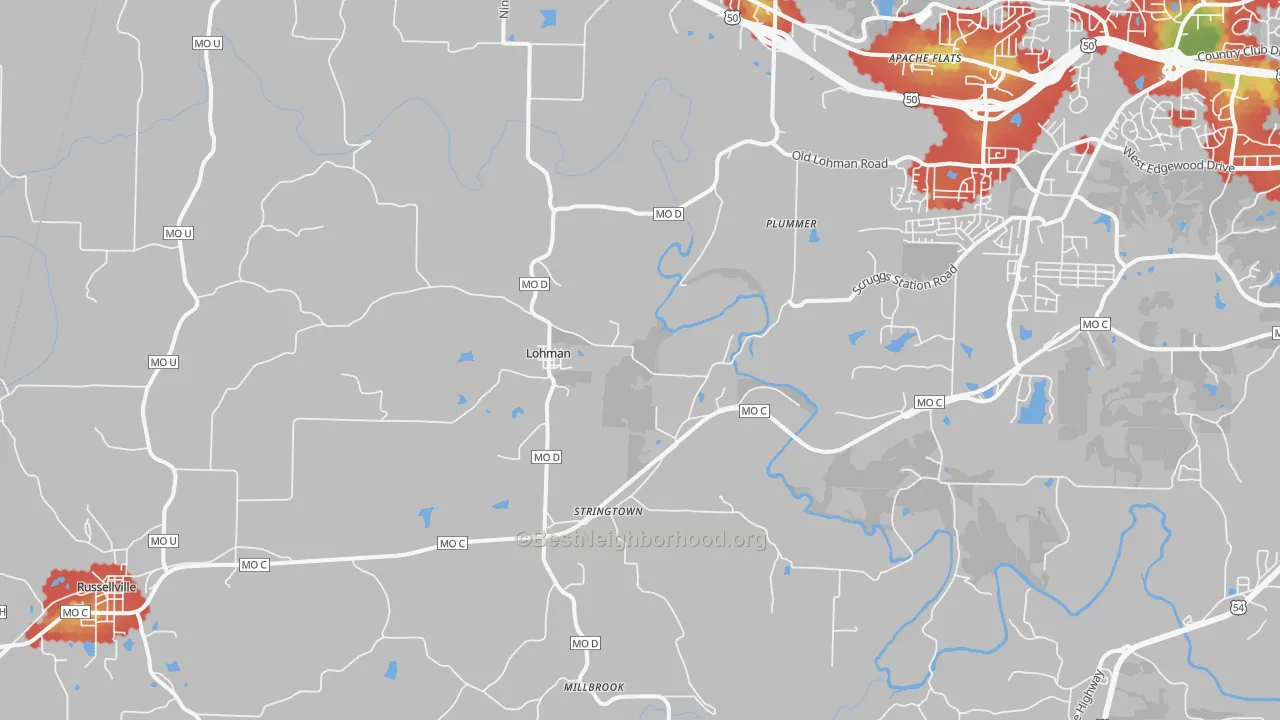 Walk Grade map of Lohman, MO, walkable areas in green and car-dependent areas in red