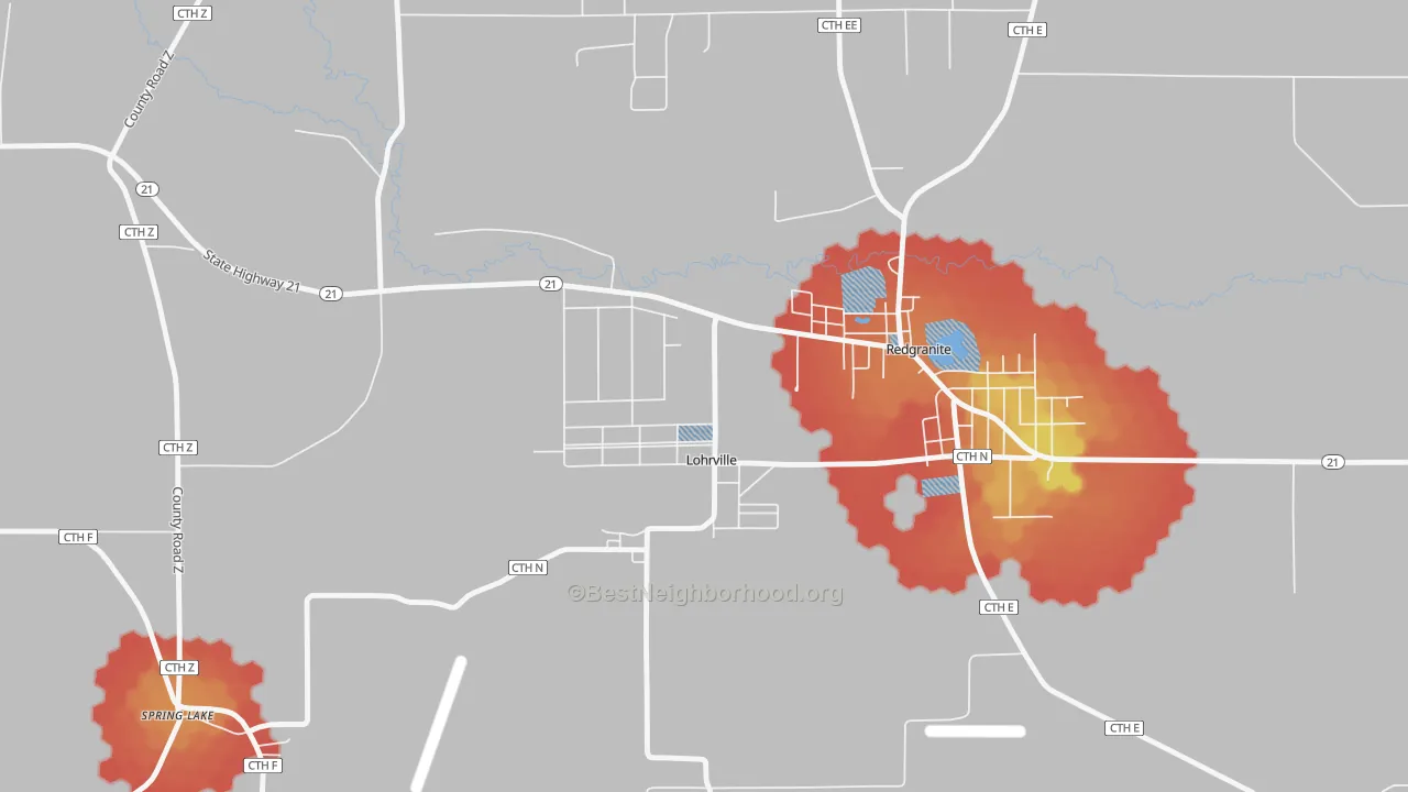 Walk Grade map of Lohrville, WI, walkable areas in green and car-dependent areas in red
