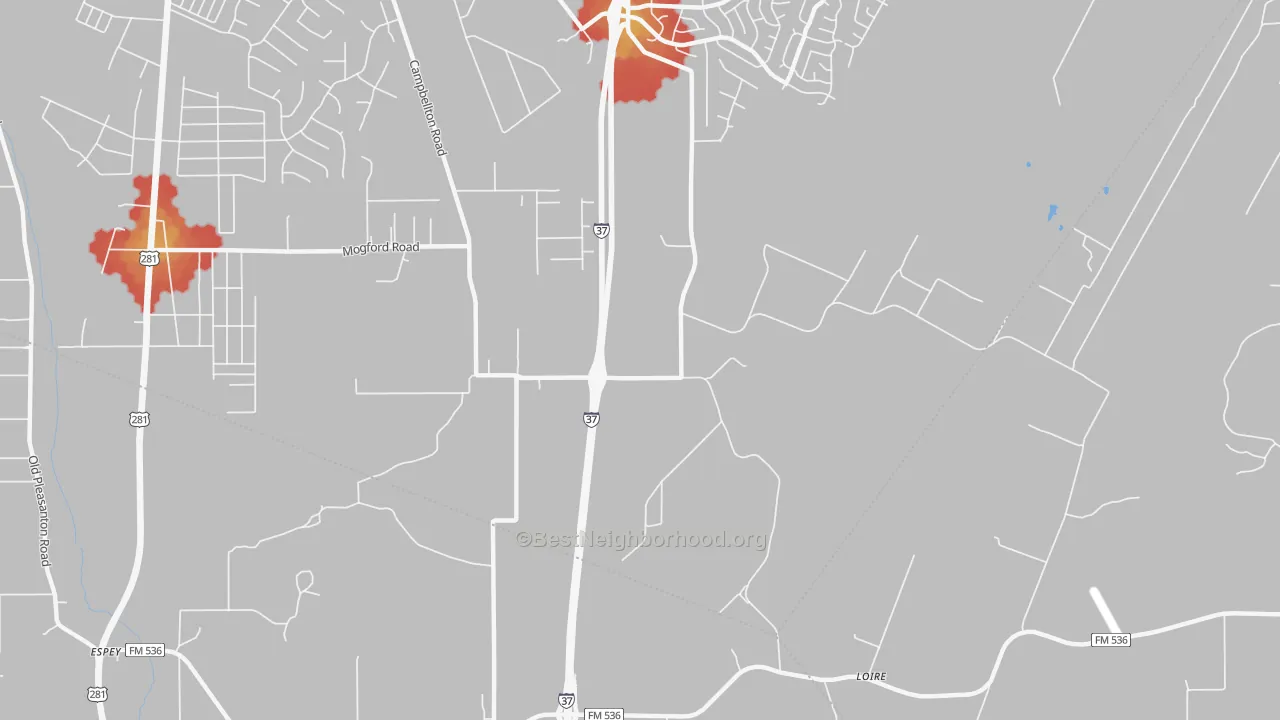 Walk Grade map of Loire, TX, walkable areas in green and car-dependent areas in red