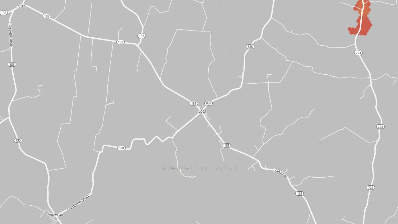 Walk Grade map of Lola, KY, walkable areas in green and car-dependent areas in red