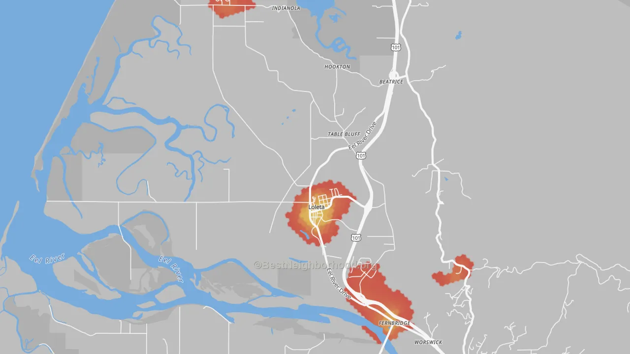 Walk Grade map of Loleta, CA, walkable areas in green and car-dependent areas in red