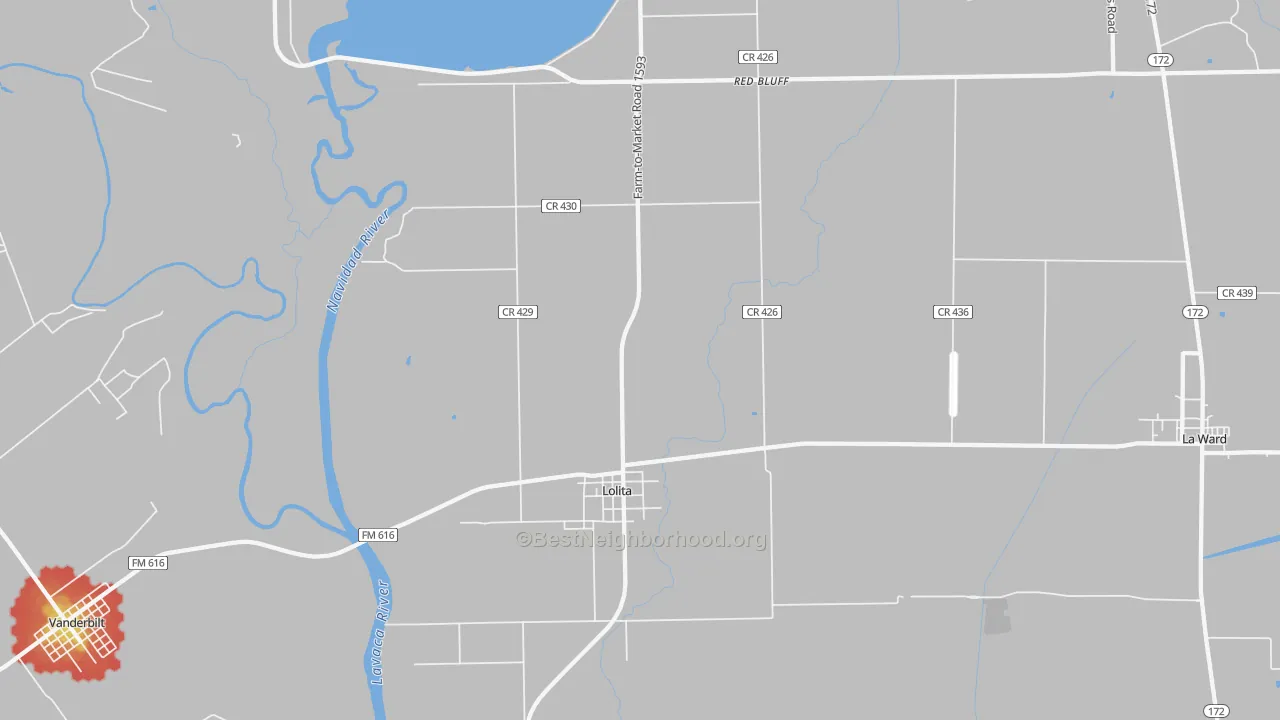 Walk Grade map of Lolita, TX, walkable areas in green and car-dependent areas in red