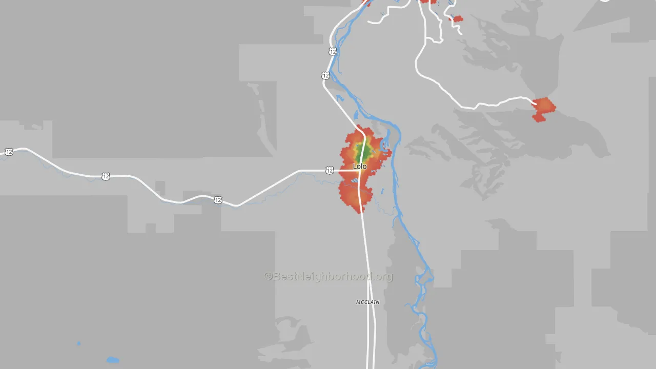 Walk Grade map of Lolo, MT, walkable areas in green and car-dependent areas in red