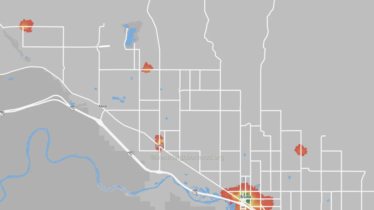 Walk Grade map of Loma, CO, walkable areas in green and car-dependent areas in red