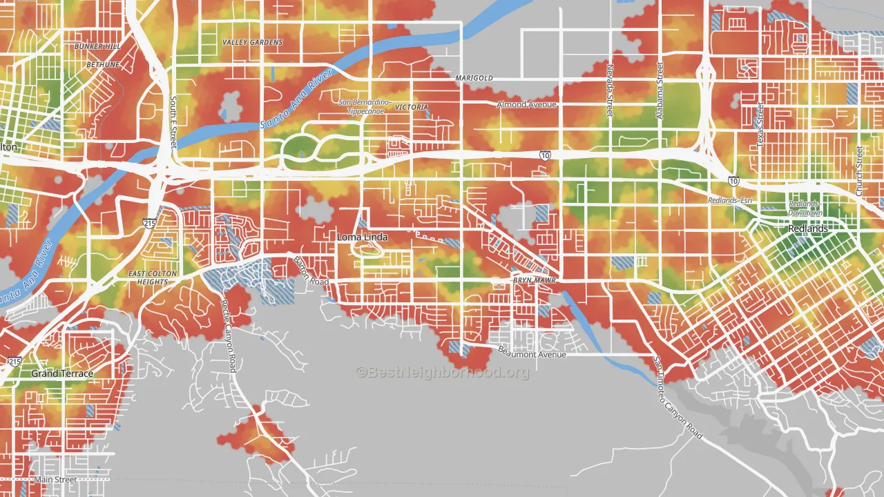 Walk Grade map of Loma Linda, CA, walkable areas in green and car-dependent areas in red