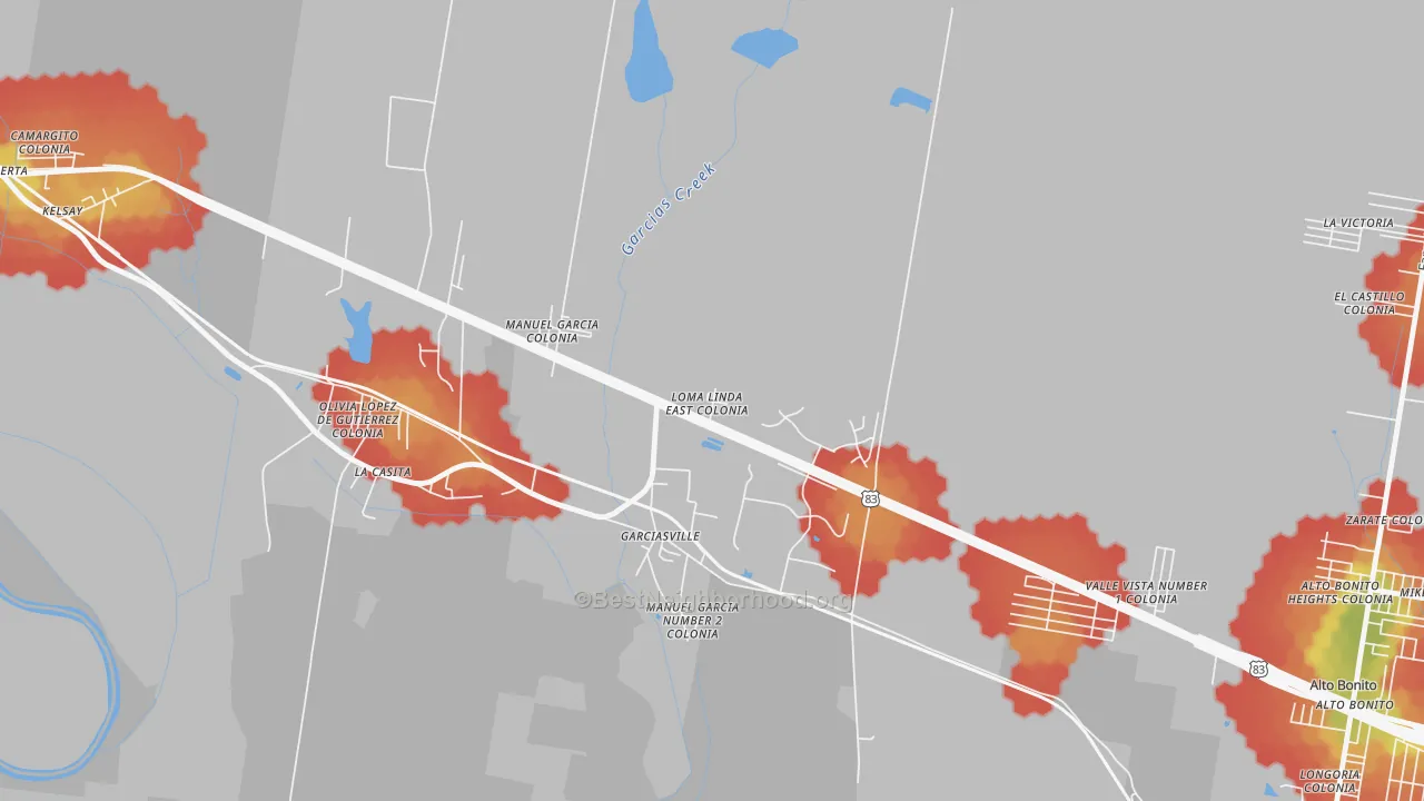 Walk Grade map of Loma Linda East, TX, walkable areas in green and car-dependent areas in red