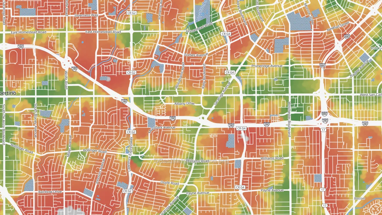 Walk Grade map of Loma Linda, San Jose, CA, walkable areas in green and car-dependent areas in red