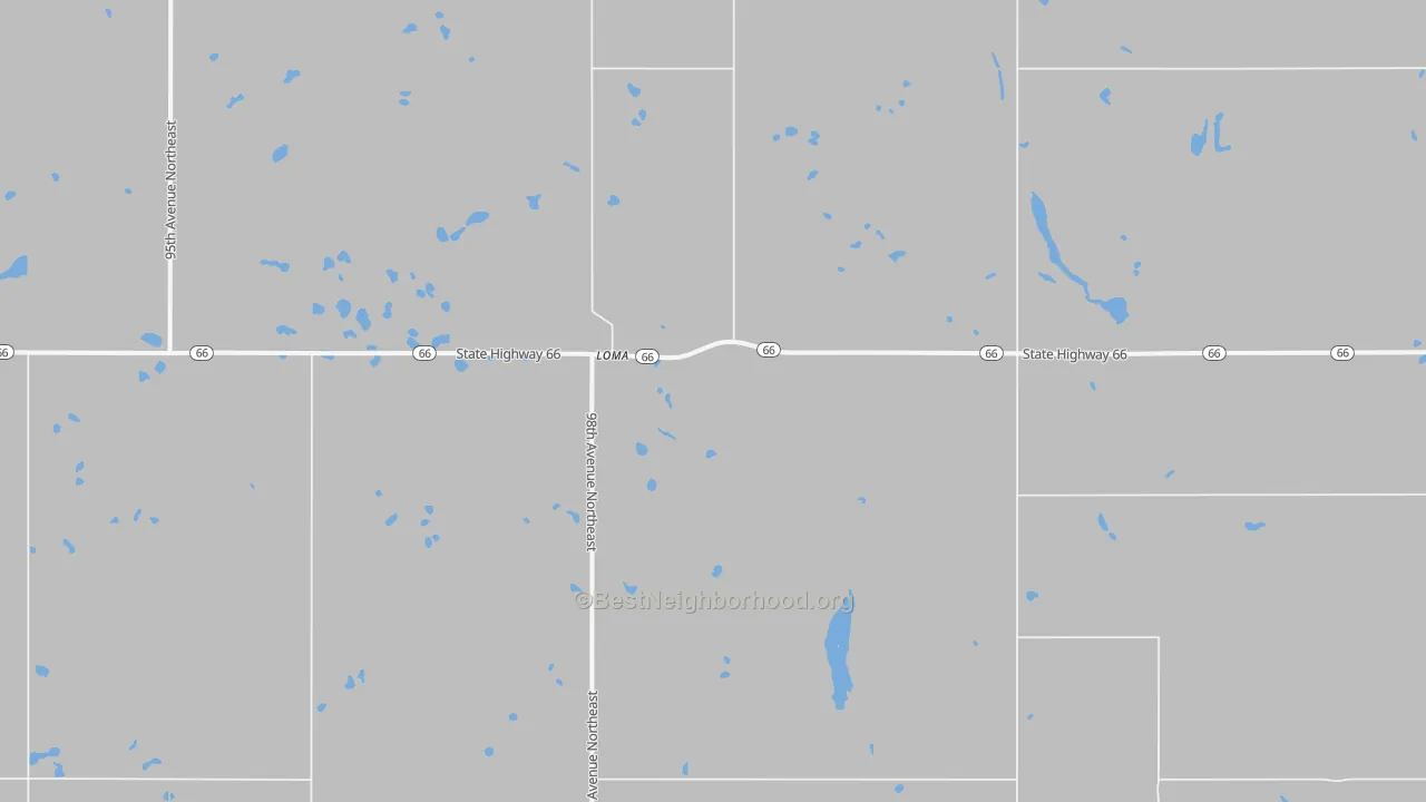 Walk Grade map of Loma, ND, walkable areas in green and car-dependent areas in red