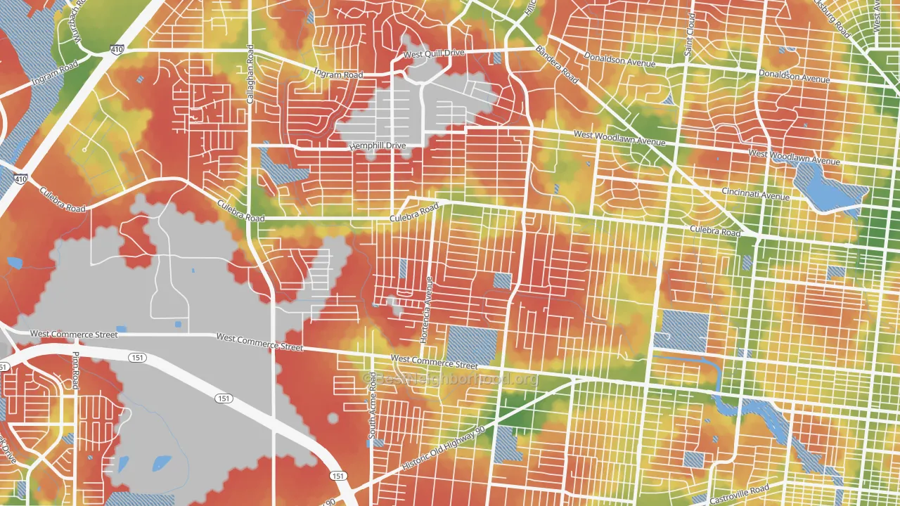 Walk Grade map of Loma Park, San Antonio, TX, walkable areas in green and car-dependent areas in red