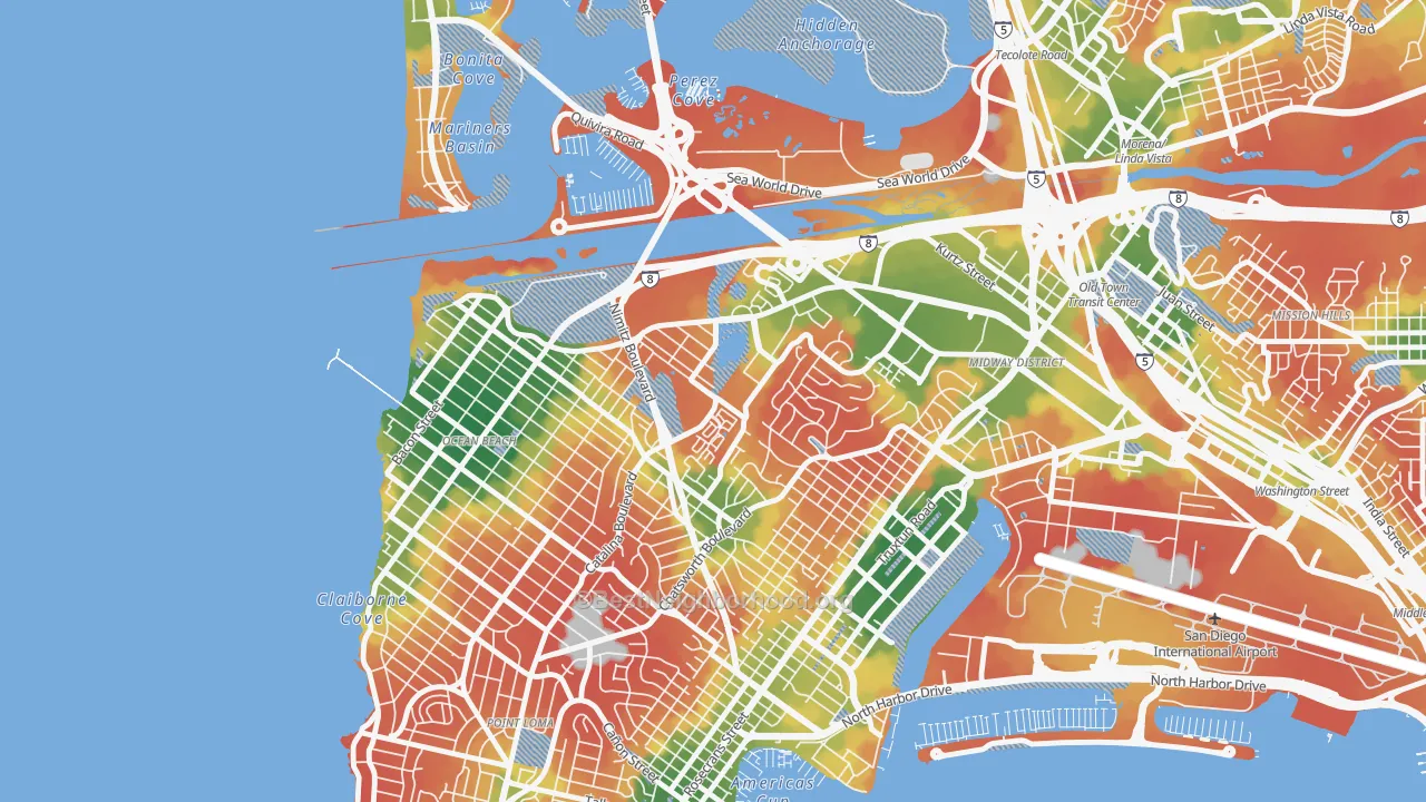Walk Grade map of Loma Portal, San Diego, CA, walkable areas in green and car-dependent areas in red