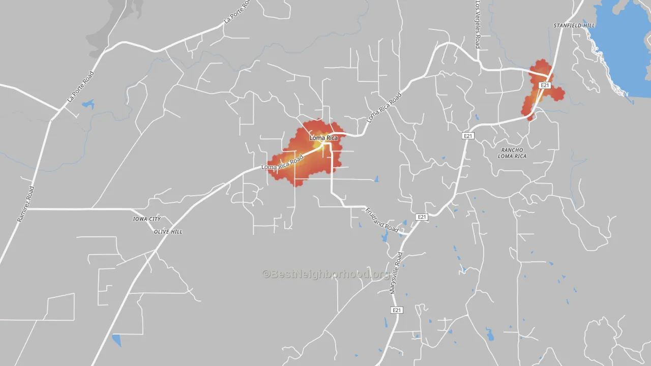 Walk Grade map of Loma Rica, CA, walkable areas in green and car-dependent areas in red
