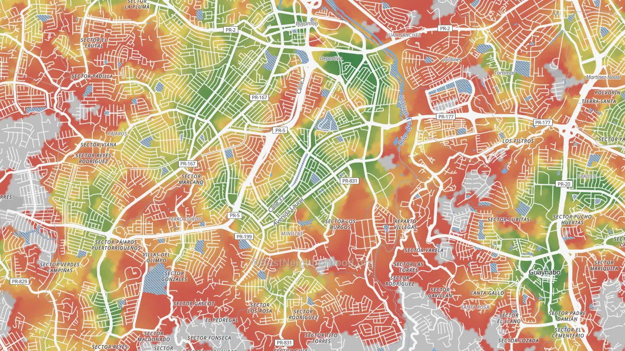 Walk Grade map of Lomas Verdes, Bayamon, PR, walkable areas in green and car-dependent areas in red
