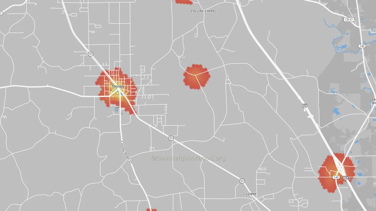 Walk Grade map of Lomax, AL, walkable areas in green and car-dependent areas in red