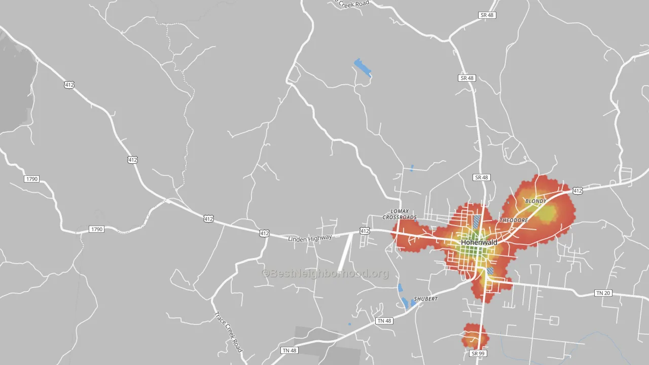 Walk Grade map of Lomax Crossroads, TN, walkable areas in green and car-dependent areas in red