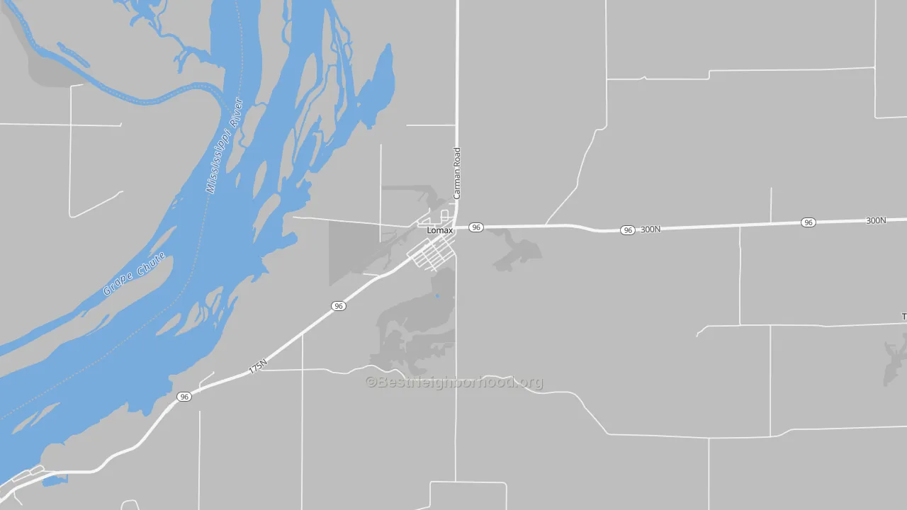 Walk Grade map of Lomax, IL, walkable areas in green and car-dependent areas in red