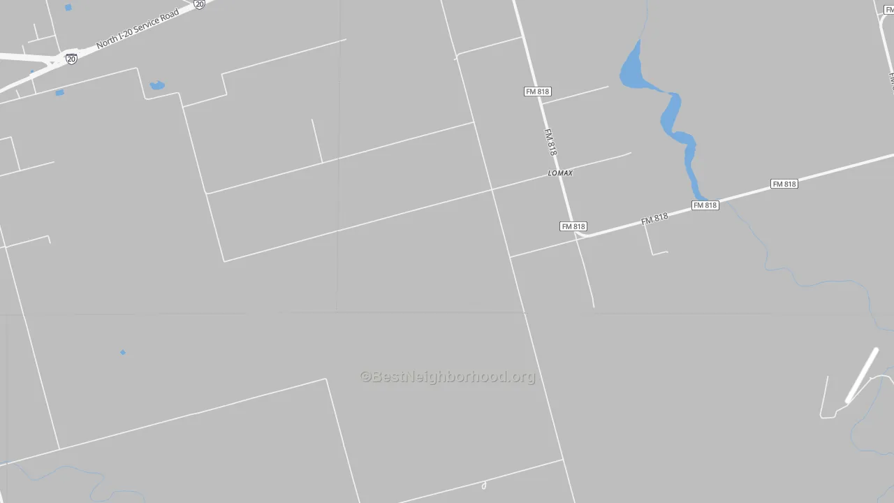 Walk Grade map of Lomax, TX, walkable areas in green and car-dependent areas in red