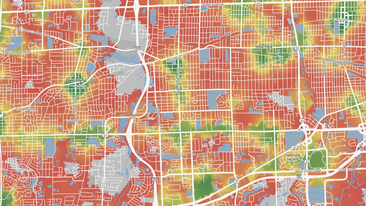 Walk Grade map of Lombard, IL, walkable areas in green and car-dependent areas in red