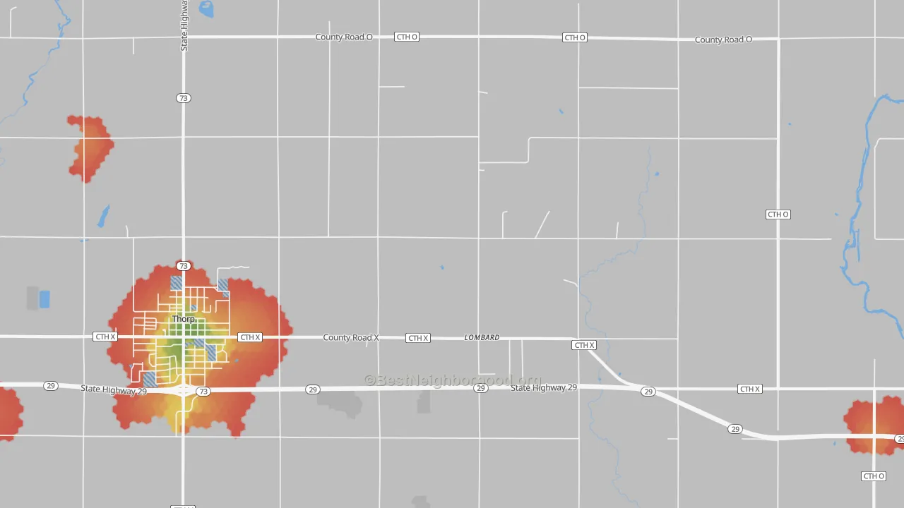 Walk Grade map of Lombard, WI, walkable areas in green and car-dependent areas in red