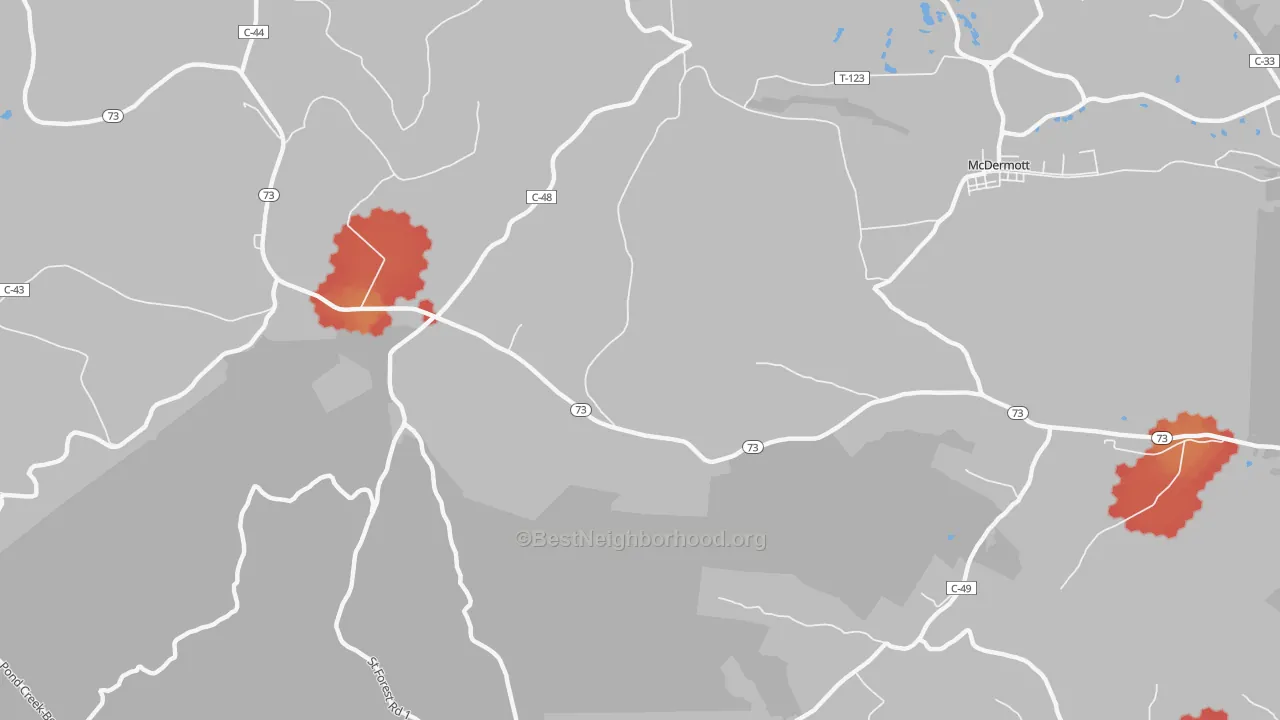 Walk Grade map of Lombardsville, OH, walkable areas in green and car-dependent areas in red
