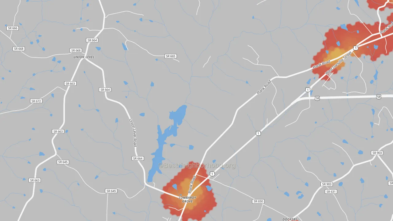Walk Grade map of Lombardy Grove, VA, walkable areas in green and car-dependent areas in red