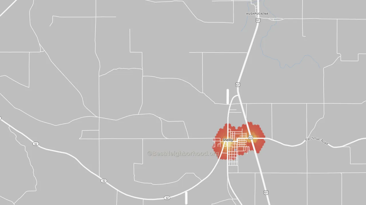 Walk Grade map of Lombardy, MS, walkable areas in green and car-dependent areas in red