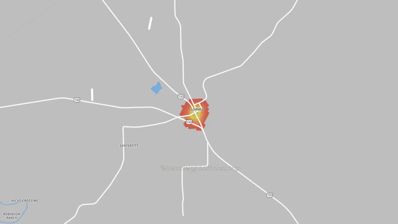 Walk Grade map of Lometa, TX, walkable areas in green and car-dependent areas in red