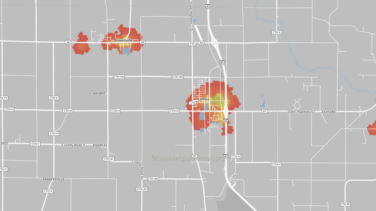Walk Grade map of Lomira, WI, walkable areas in green and car-dependent areas in red