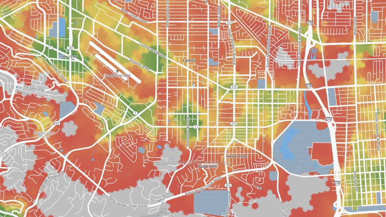 Walk Grade map of Lomita, CA, walkable areas in green and car-dependent areas in red