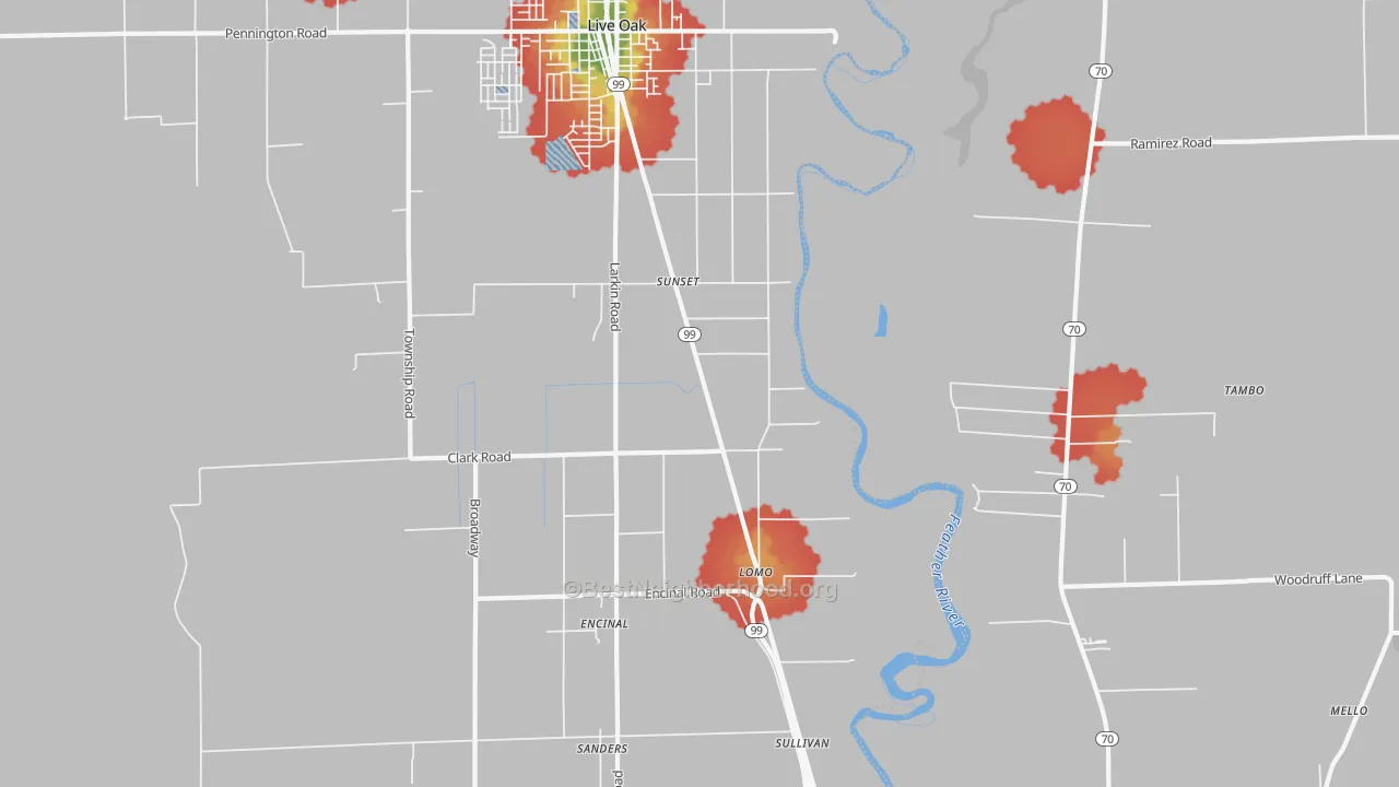 Walk Grade map of Lomo, CA, walkable areas in green and car-dependent areas in red