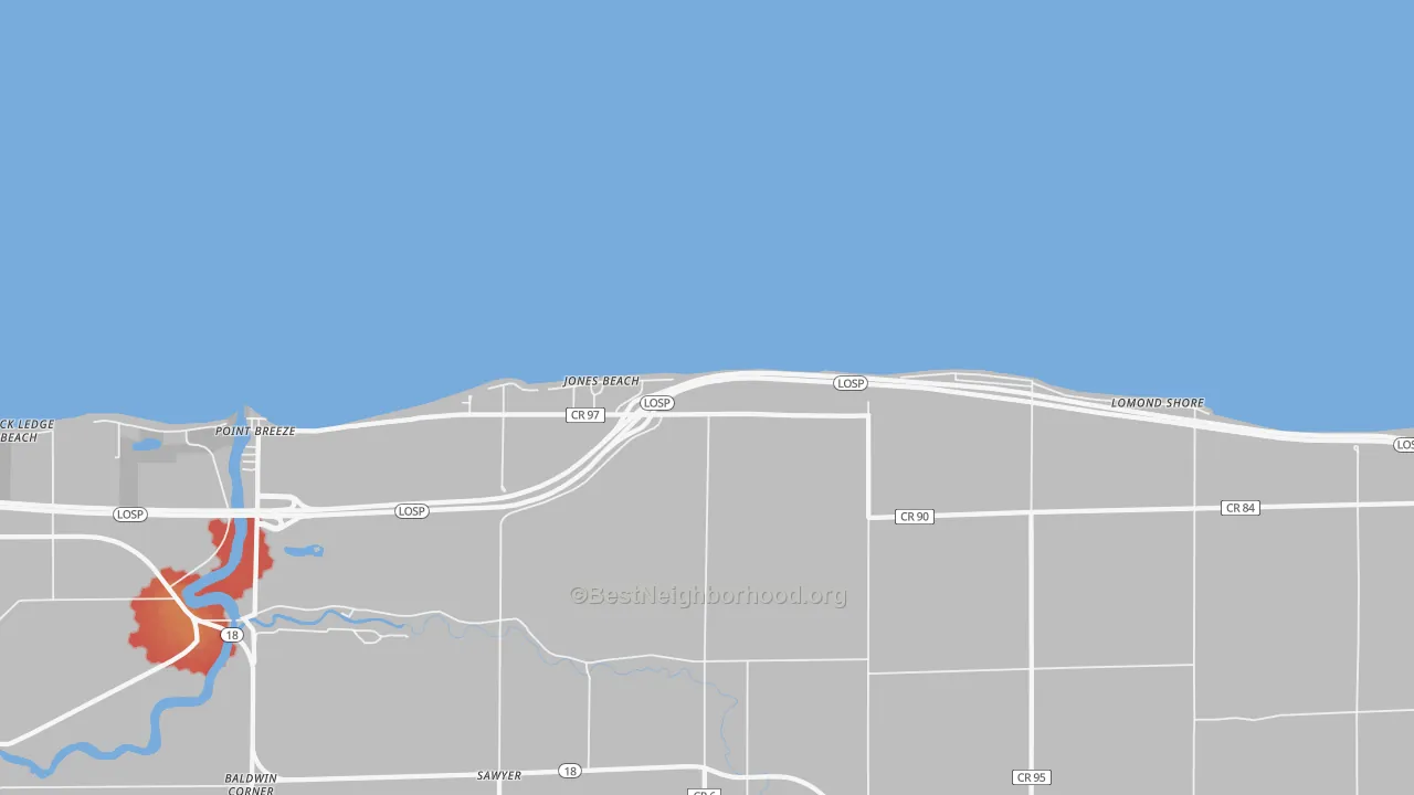 Walk Grade map of Lomond Shore, NY, walkable areas in green and car-dependent areas in red