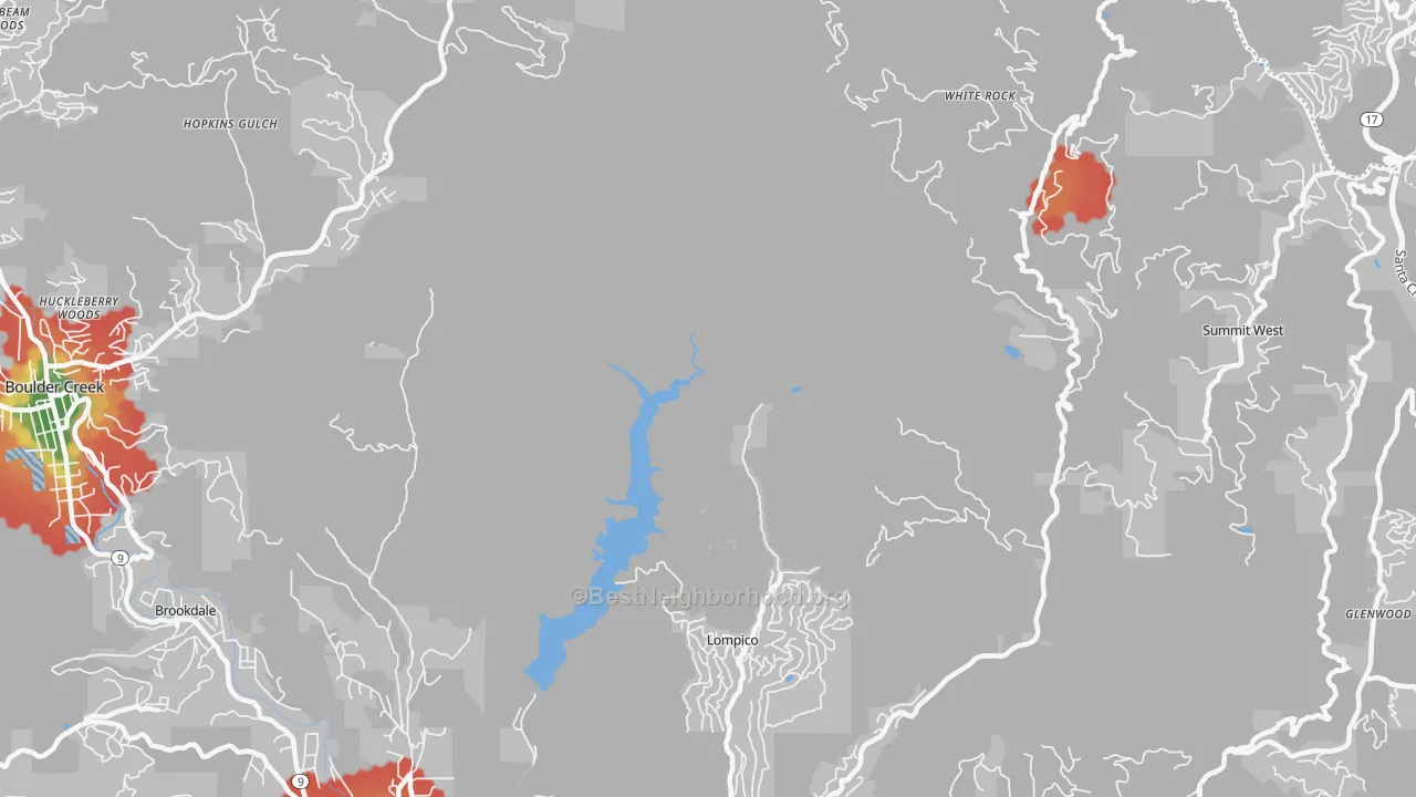 Walk Grade map of Lompico, CA, walkable areas in green and car-dependent areas in red