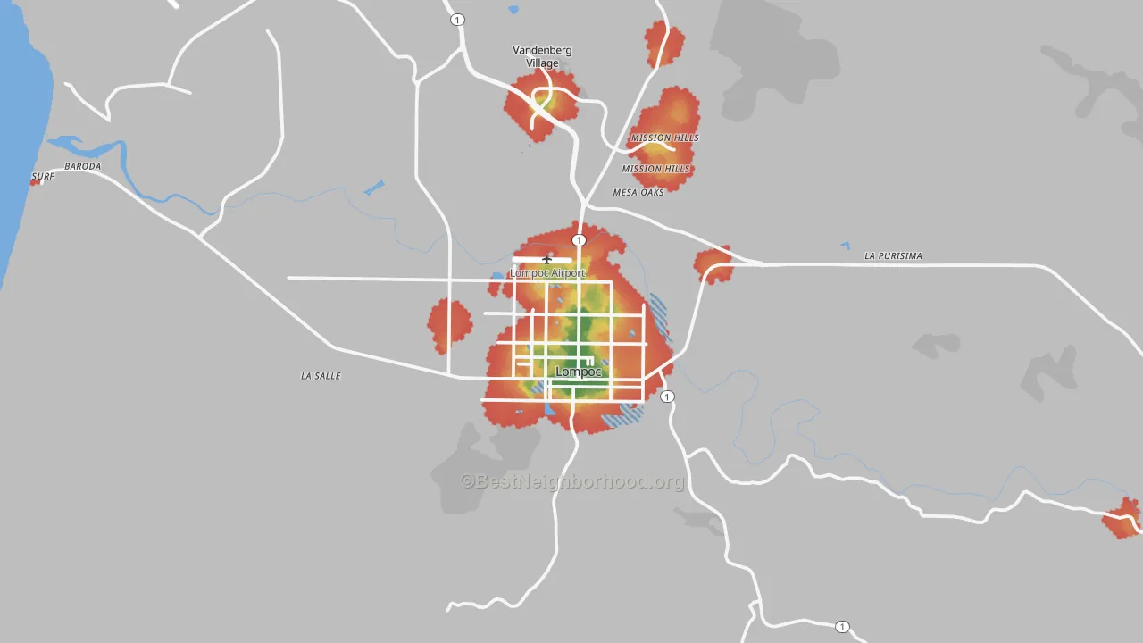 Walk Grade map of Lompoc, CA, walkable areas in green and car-dependent areas in red