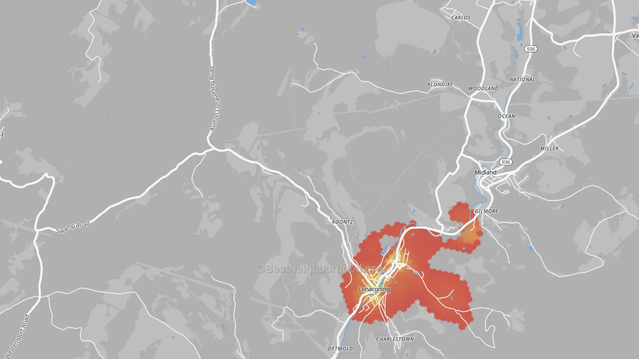 Walk Grade map of Lonaconing, MD, walkable areas in green and car-dependent areas in red
