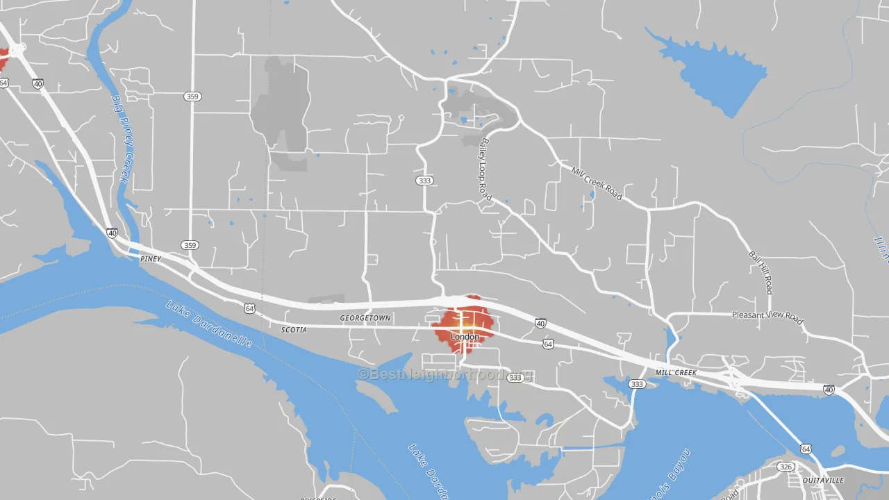 Walk Grade map of London, AR, walkable areas in green and car-dependent areas in red
