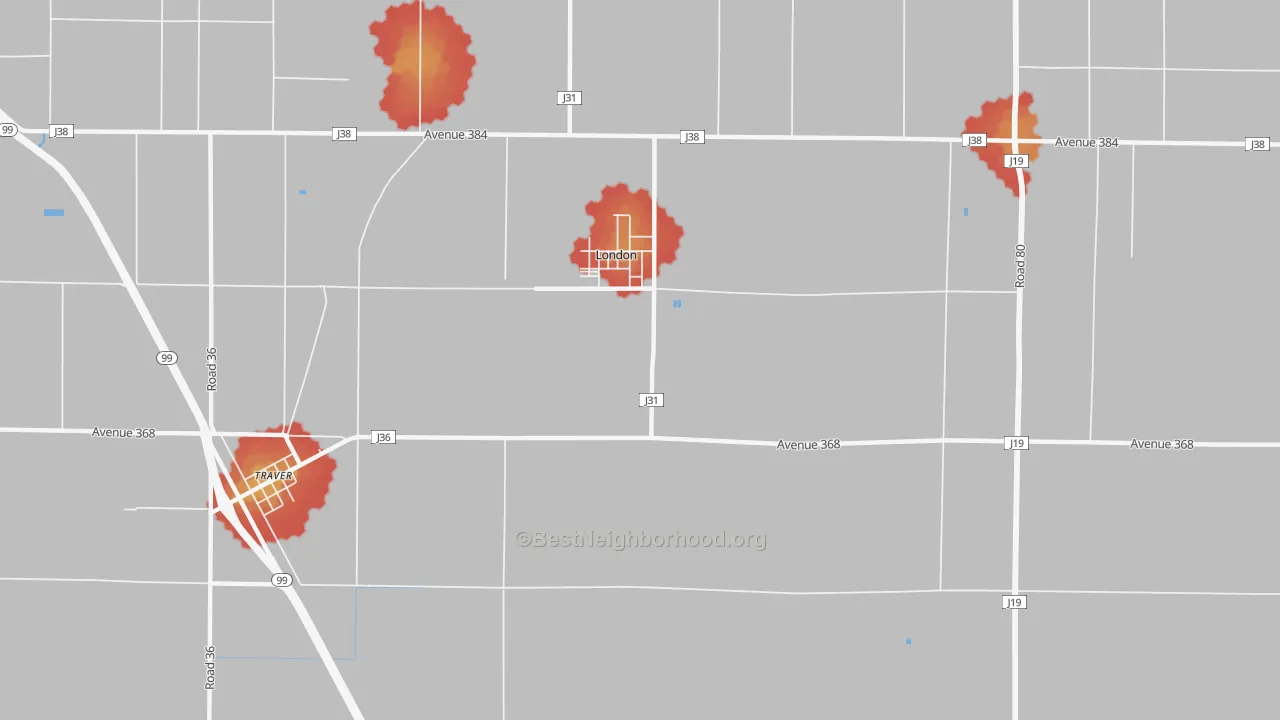 Walk Grade map of London, CA, walkable areas in green and car-dependent areas in red
