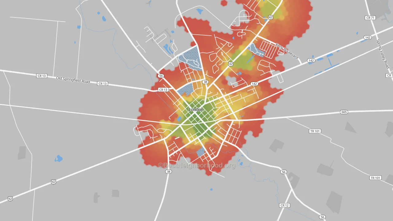 Walk Grade map of London Historic District, London, OH, walkable areas in green and car-dependent areas in red