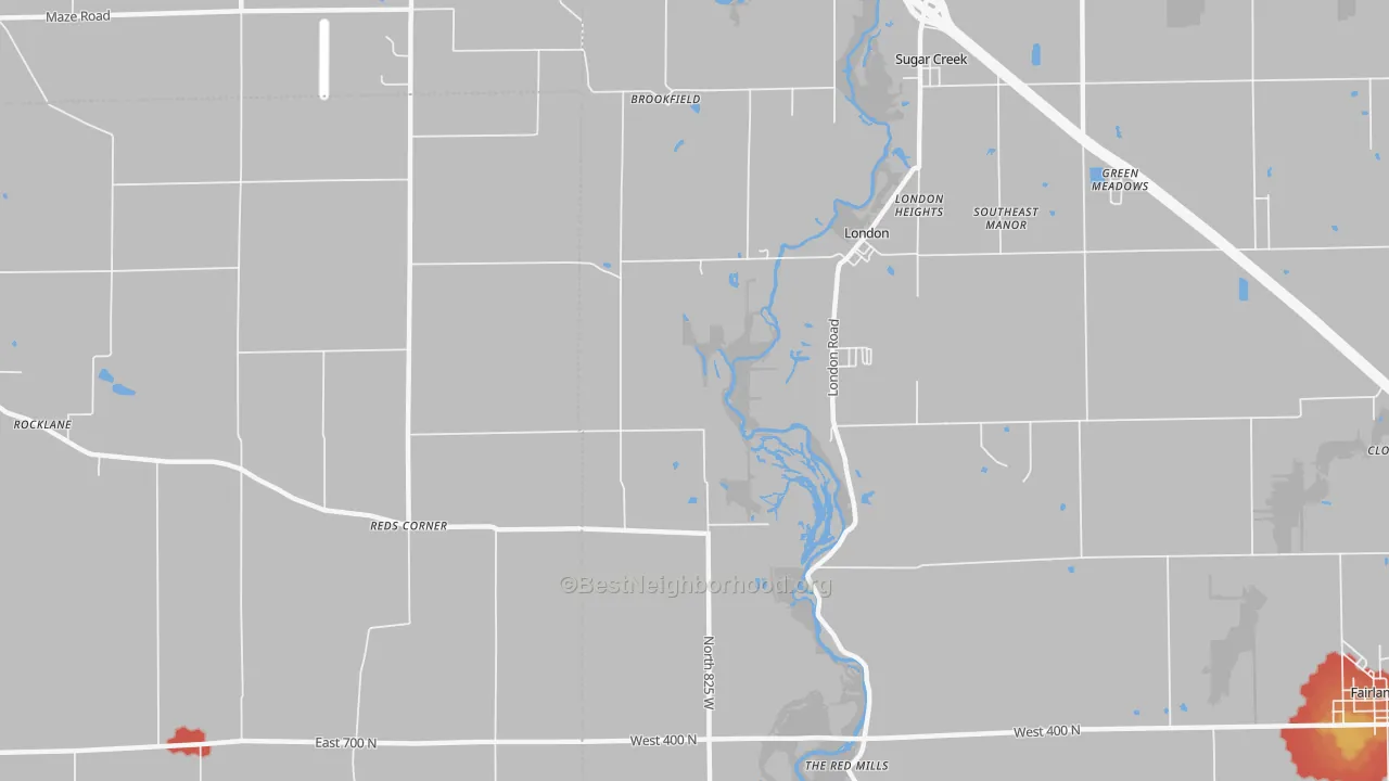 Walk Grade map of London, IN, walkable areas in green and car-dependent areas in red