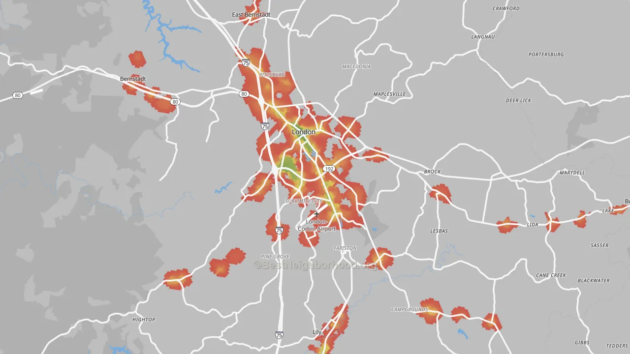 Walk Grade map of London, KY, walkable areas in green and car-dependent areas in red