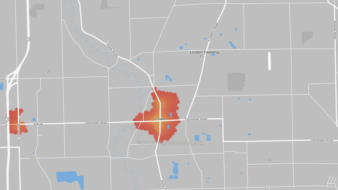 Walk Grade map of London, MI, walkable areas in green and car-dependent areas in red