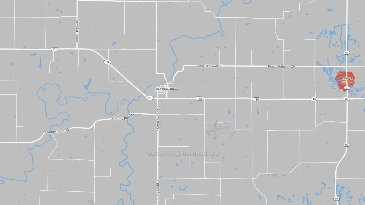 Walk Grade map of London Mills, IL, walkable areas in green and car-dependent areas in red