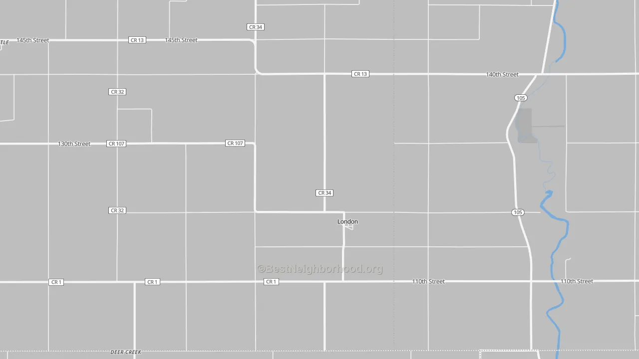 Walk Grade map of London, MN, walkable areas in green and car-dependent areas in red