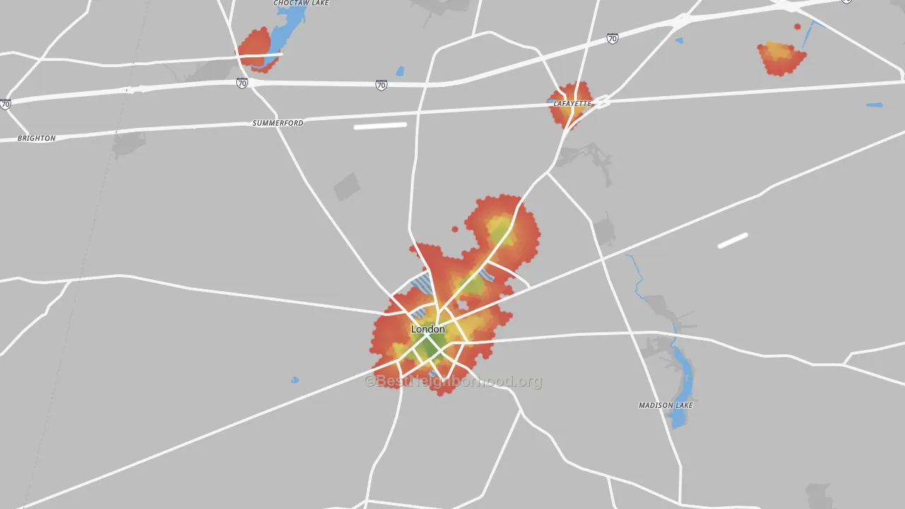Walk Grade map of London, OH, walkable areas in green and car-dependent areas in red